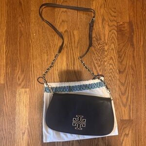 Tory Burch Black Pebbled Leather Chain-Trim Crossbody